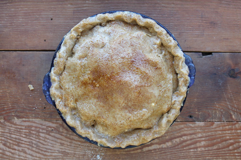 and the top crust, which you'll roll out and transfer the same way you did the bottom. It's brushed with egg whites, and sprinkled with coconut sugar, too.
