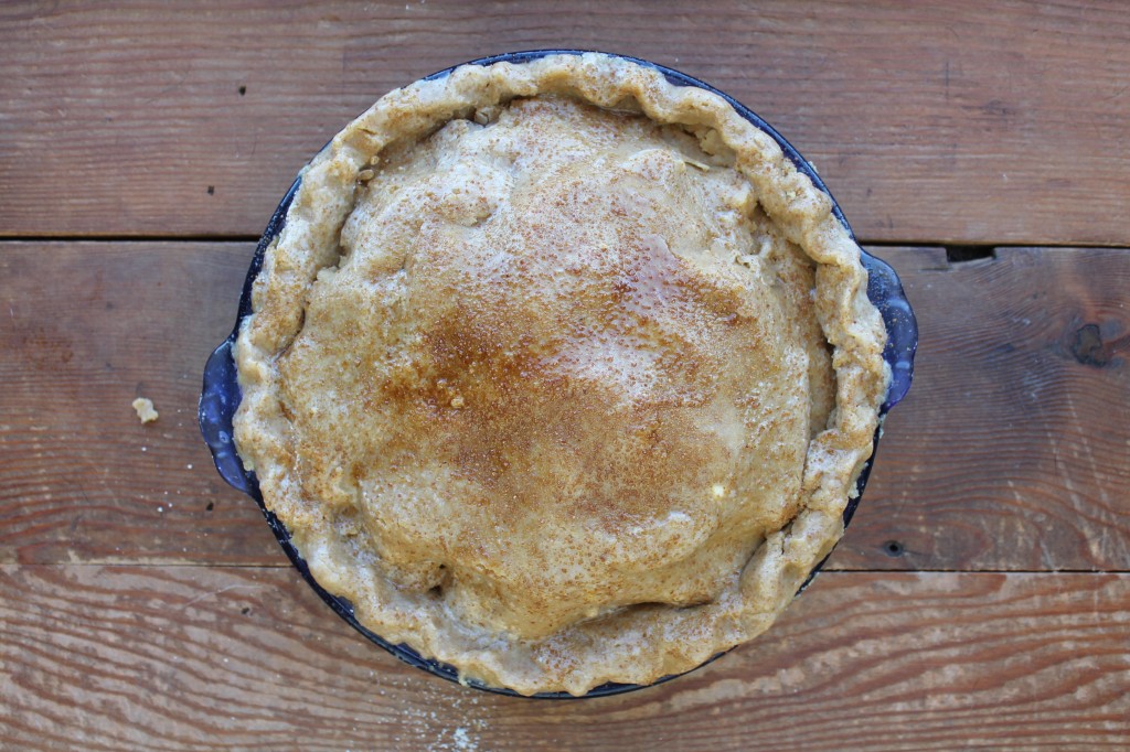 and the top crust, which you'll roll out and transfer the same way you did the bottom. It's brushed with egg whites, and sprinkled with coconut sugar, too. 