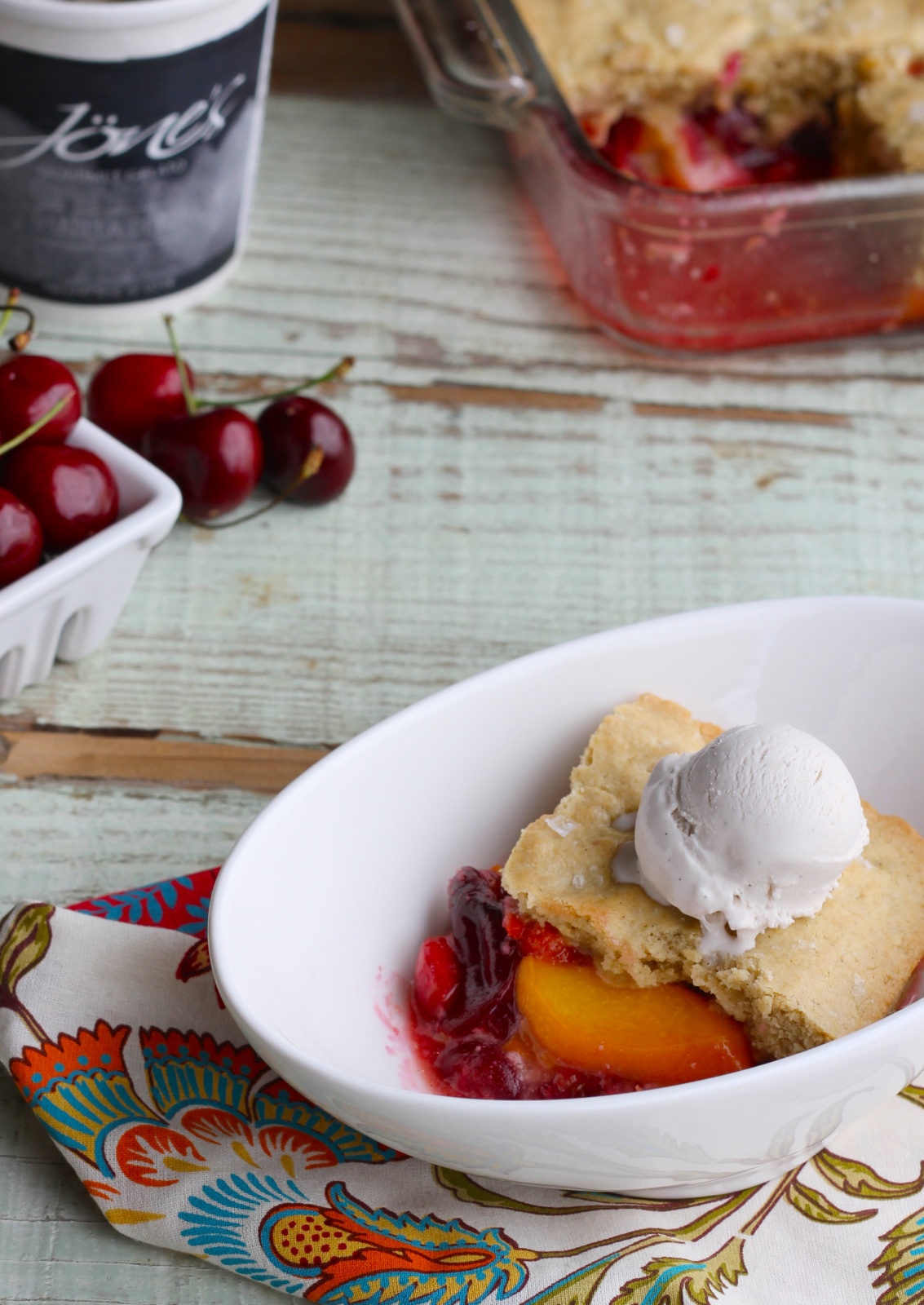 Brown Butter Peach and Cherry Cobbler