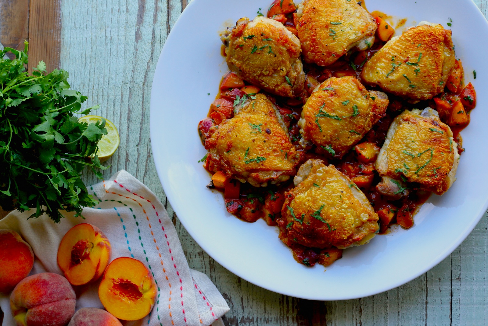 Crispy Chicken Thighs with Spicy Peaches