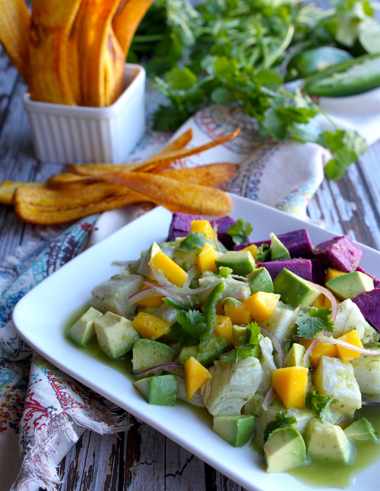 ceviche and plantain chips