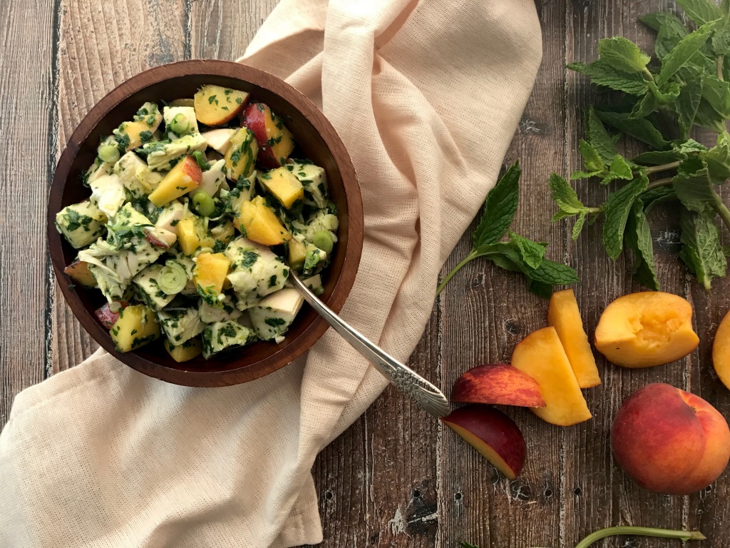 chimichurri chicken salad with peaches