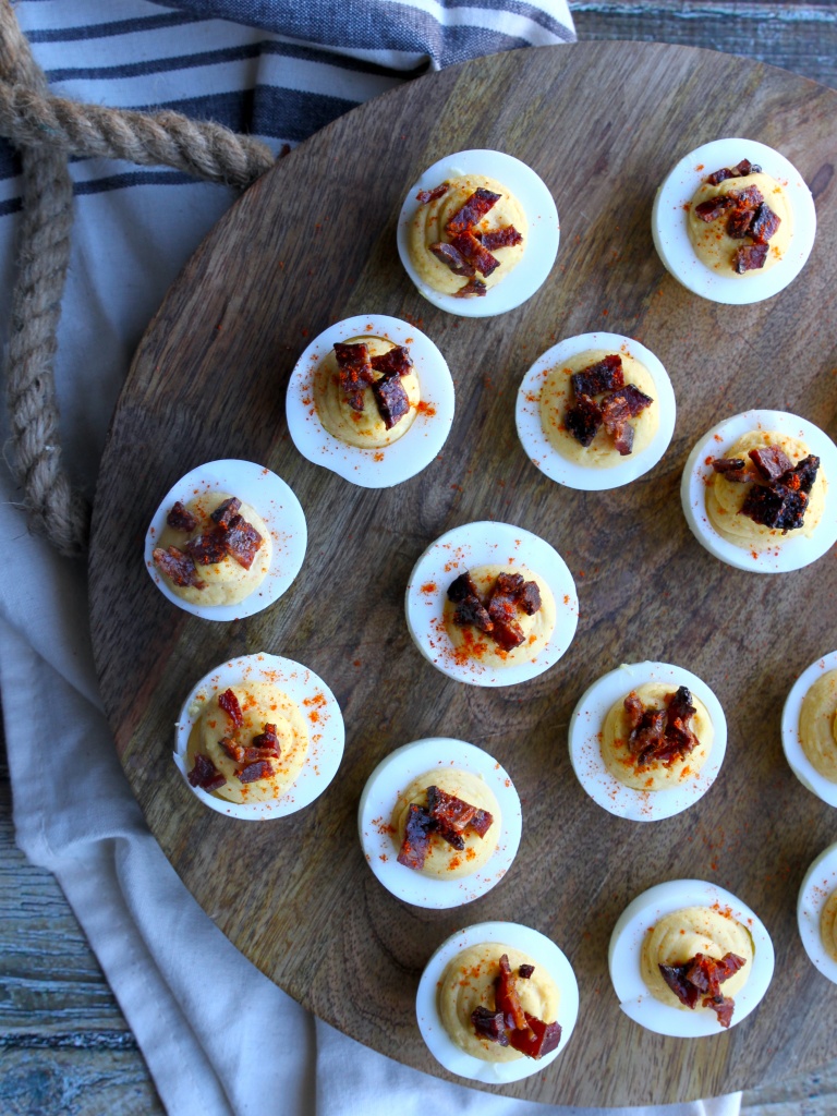 deviled eggs with candied bacon