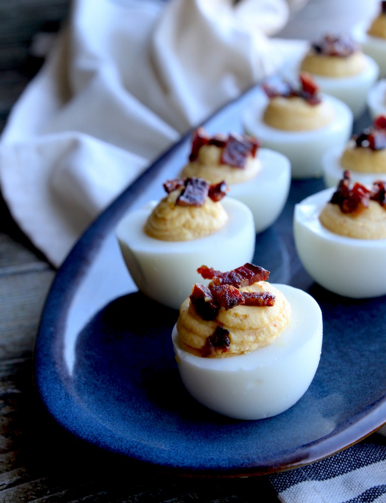 deviled eggs with candied bacon