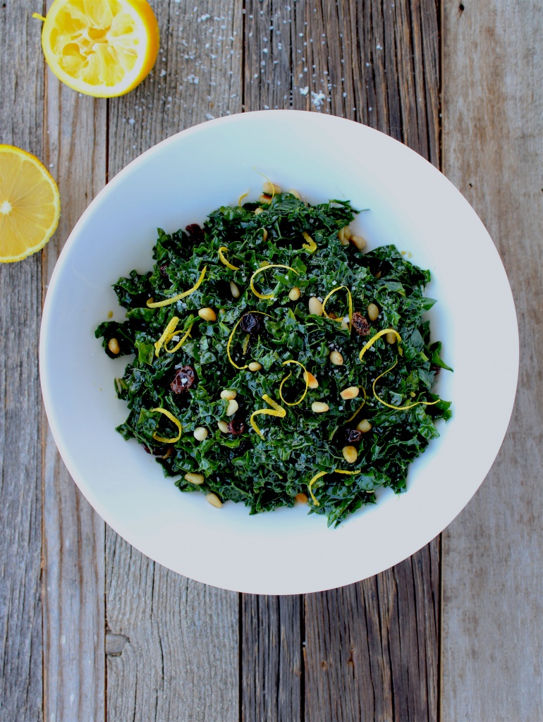 kale salad with currants and pine nuts