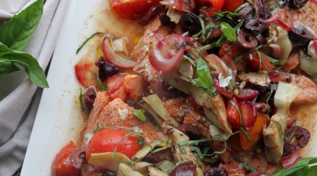 Summer Salmon with Tomatoes Olives & Artichokes