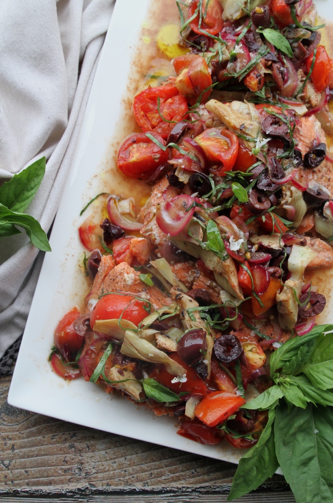 salmon with tomatoes olives & artichokes 