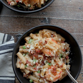 one skillet ziti shrimp peas pancetta 2