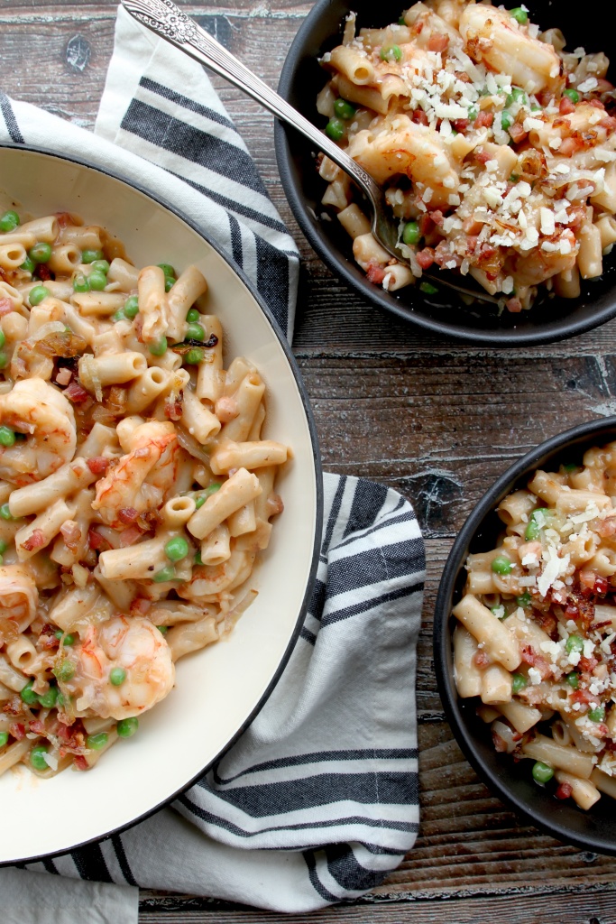 one skillet pasta shrimp peas pancetta