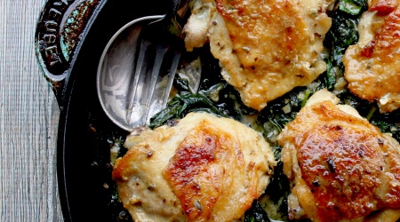 big flavor one skillet chicken with spinach, mustard & capers